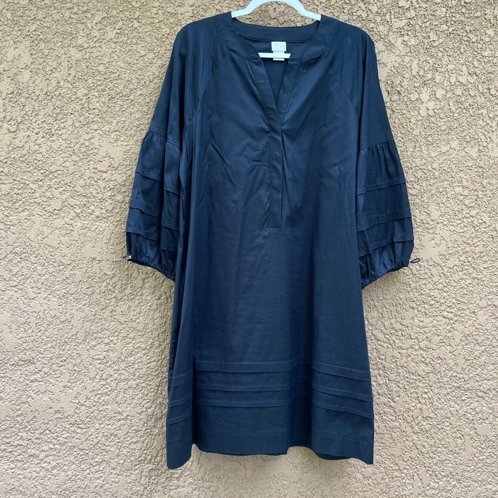 Chico's Dress M Navy Blue Cotton Poplin Ruffle Tiered Sleeve Coastal‎
